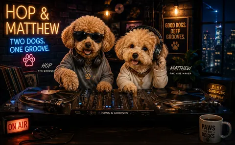 HOP and MATTHEW behind the decks in a dark lounge