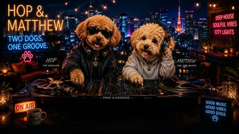 HOP and MATTHEW with a neon city skyline