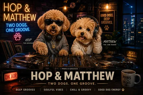 HOP & MATTHEW key visual — the duo at the decks in a neon-lit lounge