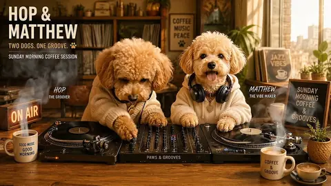 HOP and MATTHEW at a coffee-shop DJ booth